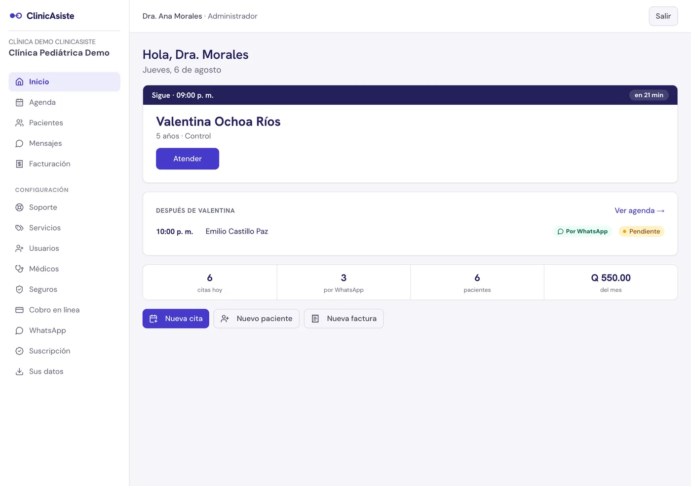 Panel de inicio de ClinicAsiste con el próximo paciente y las citas del día