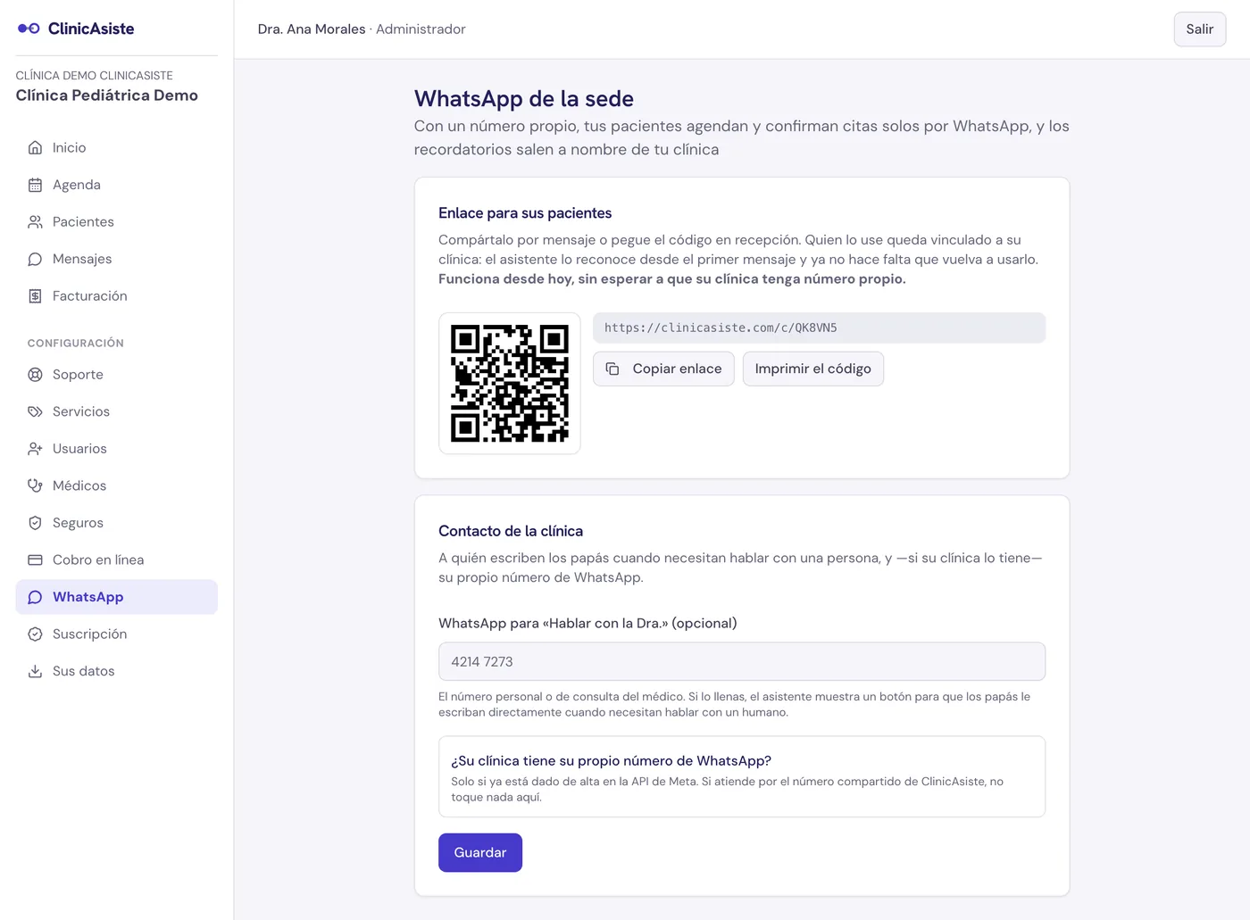 Configuración de WhatsApp en ClinicAsiste con enlace corto y código QR